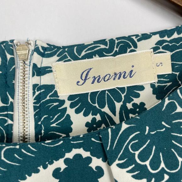 Inomi | Teal & White Damask Floral Pattern Pleated Pocket Tie Back Dress - Picture 8 of 8